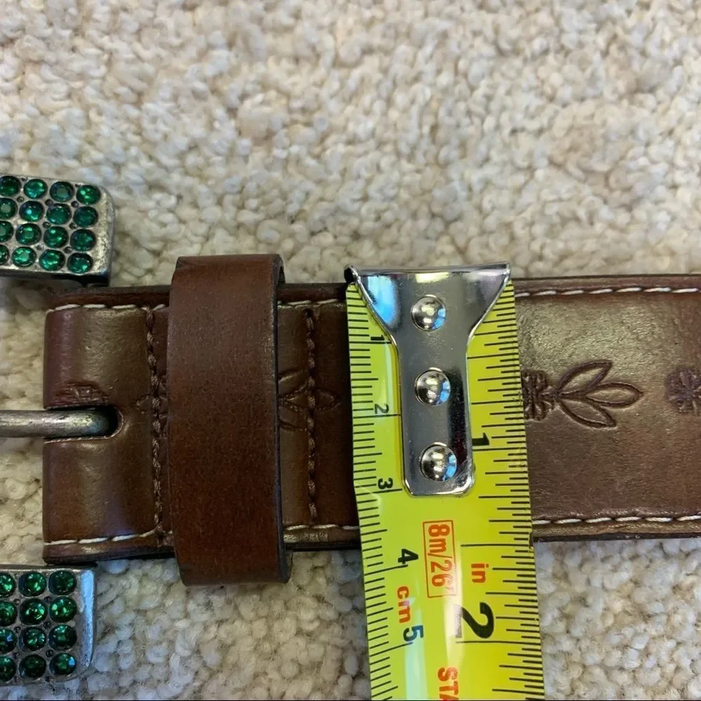 BUFFALO David Bitton green yellow Rhinestone Gem Embellished brown leather belt